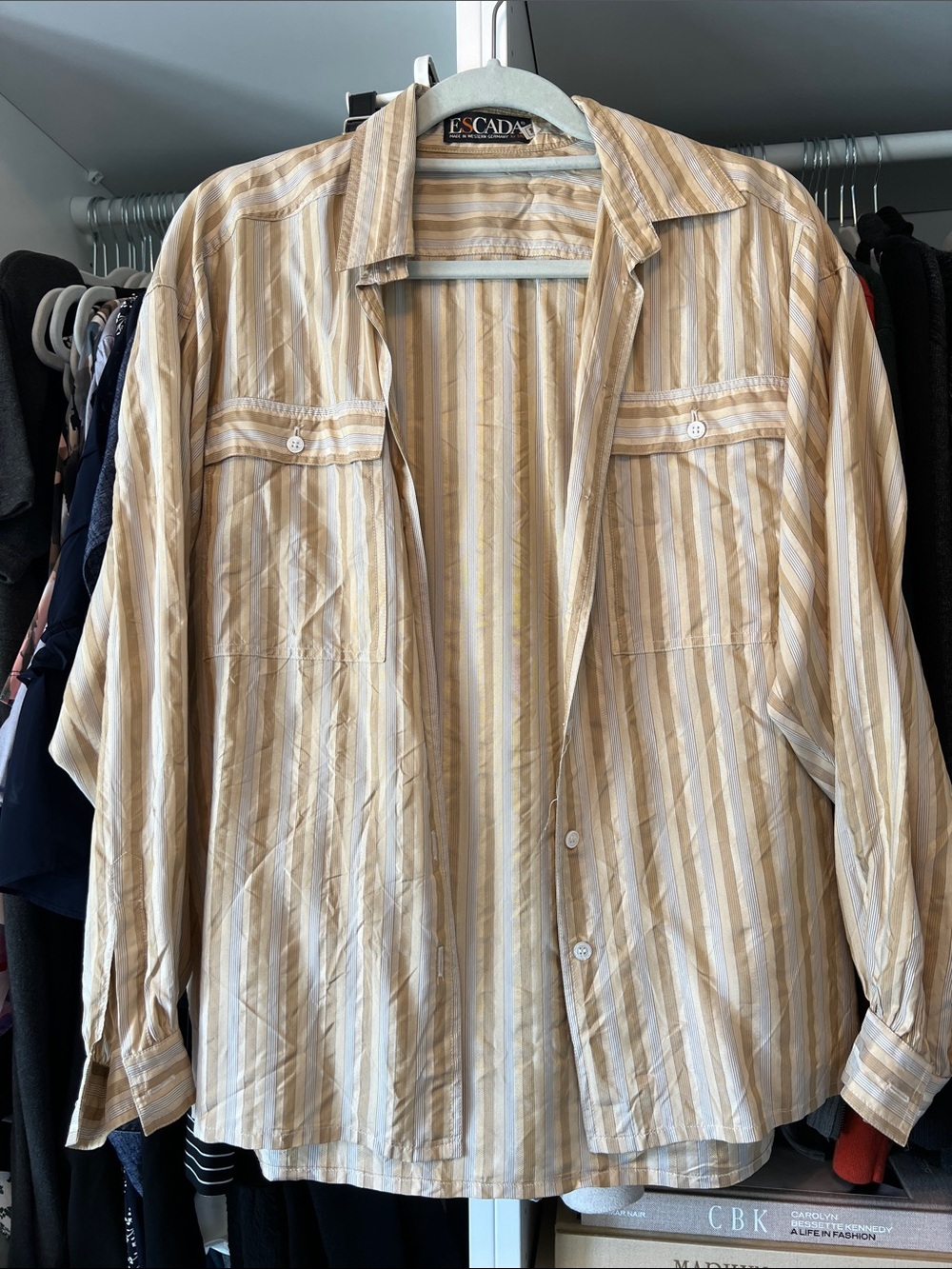 Escada Cream and Beige Striped 100% silk Button-Up Shirt EU 36